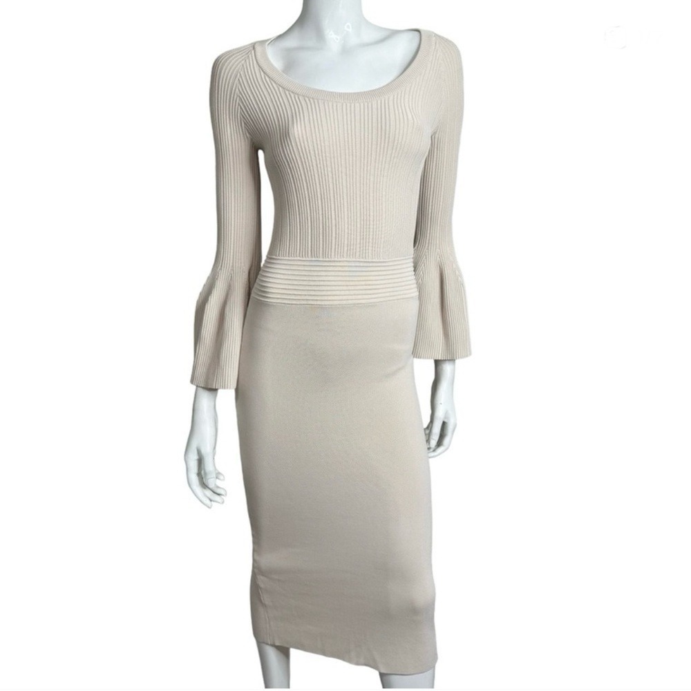 Eva Mendes For New York & Company Bell Sleeves Ribbed Bodycon Beige Midi‎ Dress